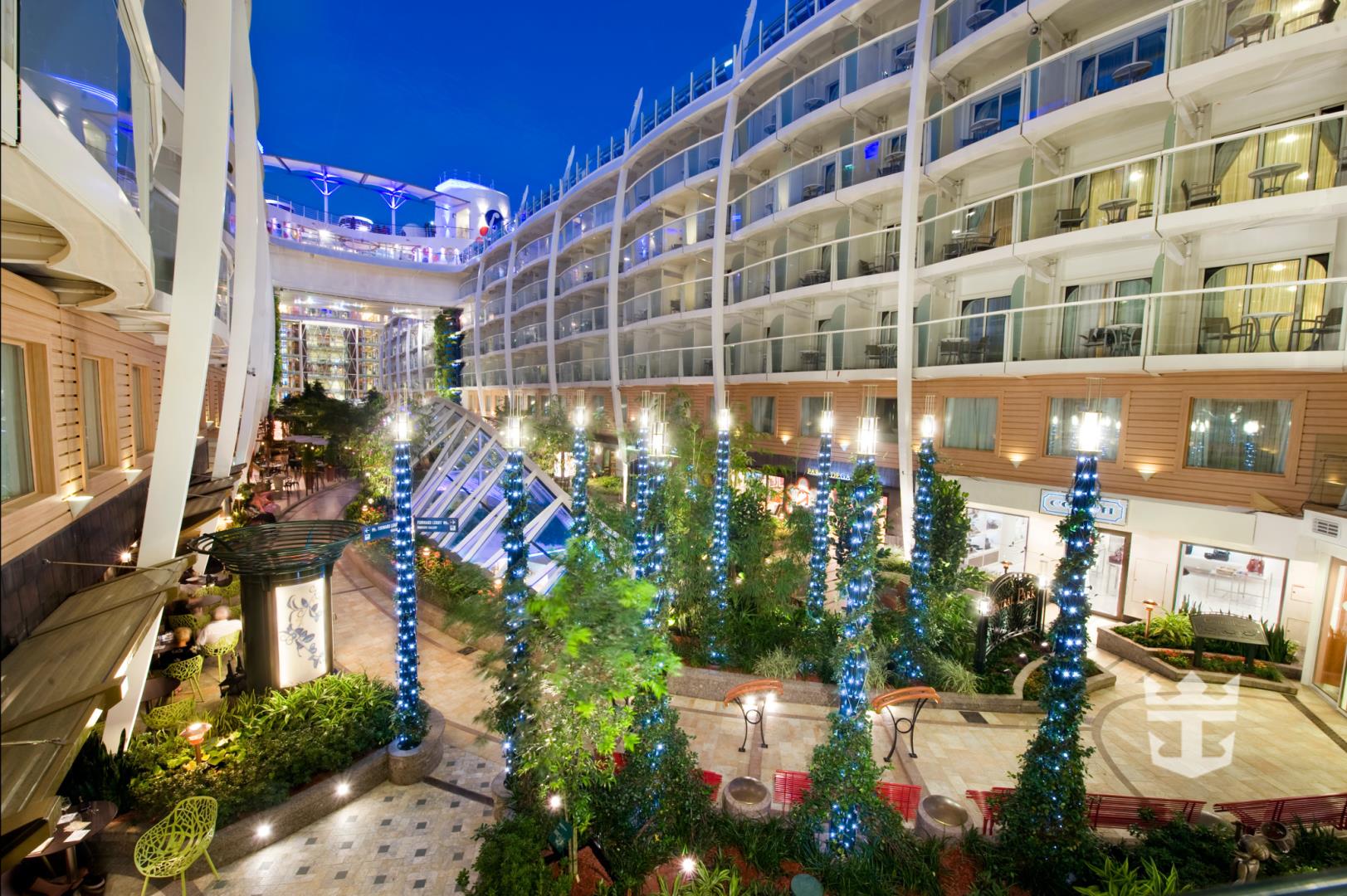 View of Central Park promenade and cabin balconies from inside Oasis of the Seas